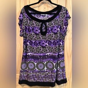 Cato Purple Floral Blouse with Black Accents